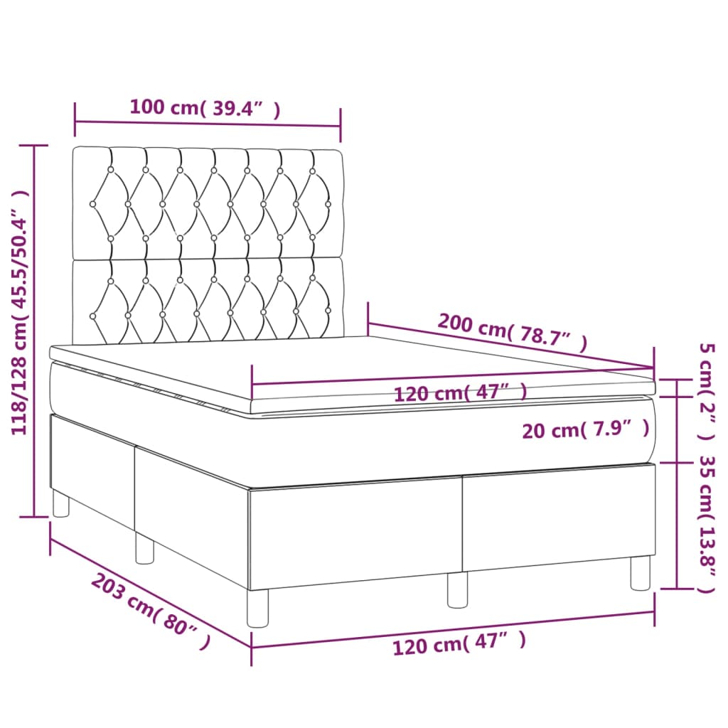 vidaXL Cama box spring c/ colchão/LED 120x200cm tecido castanho-escuro