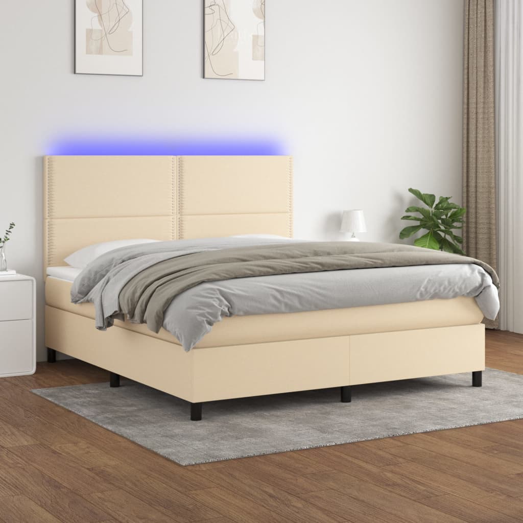 vidaXL Cama box spring c/ colchão e LED 180x200 cm tecido cor creme