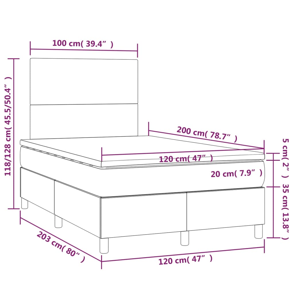 vidaXL Cama box spring c/ colchão e LED 120x200 cm tecido preto