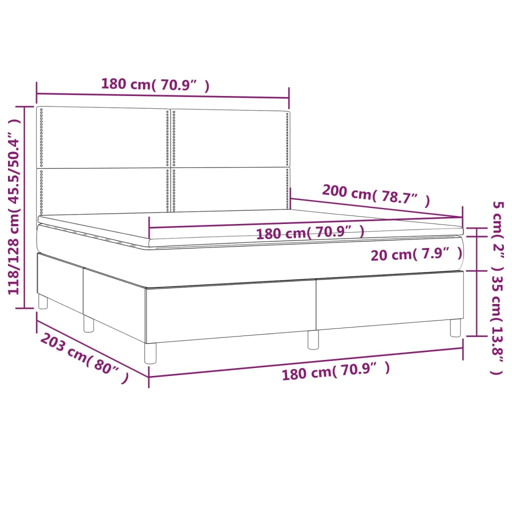 vidaXL Cama box spring c/ colchão e LED 180x200 cm tecido cor creme