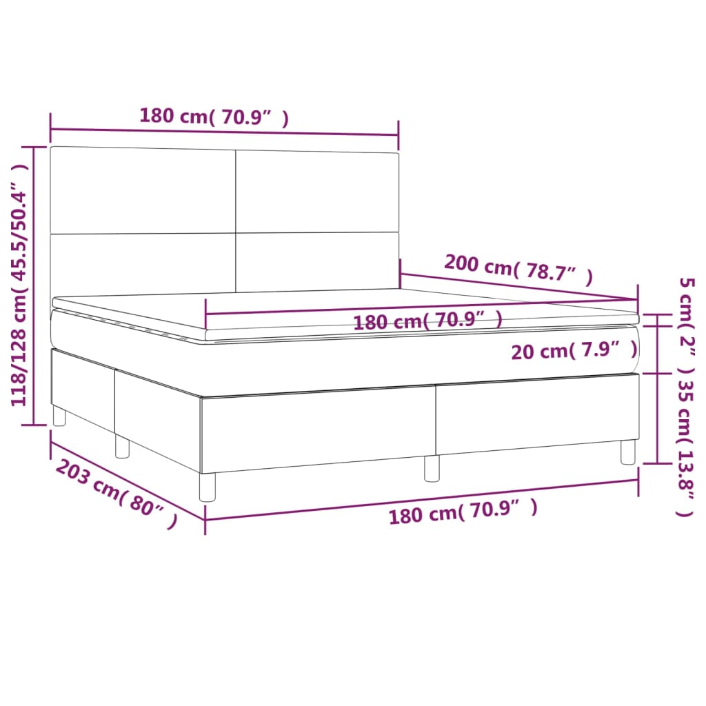 vidaXL Cama box spring c/ colchão/LED 180x200cm tecido castanho-escuro