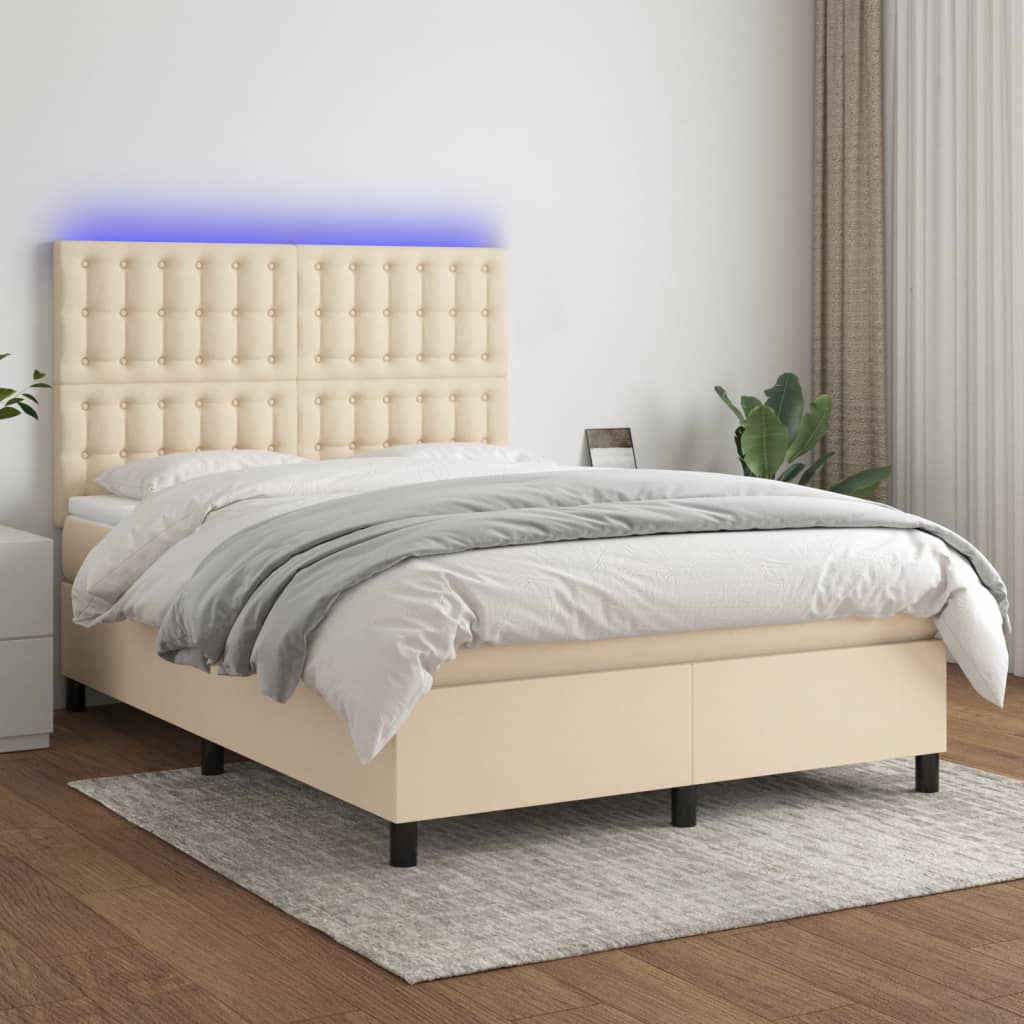 vidaXL Cama box spring c/ colchão e LED 140x200 cm tecido cor creme