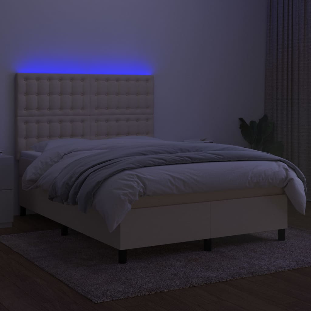 vidaXL Cama box spring c/ colchão e LED 140x200 cm tecido cor creme