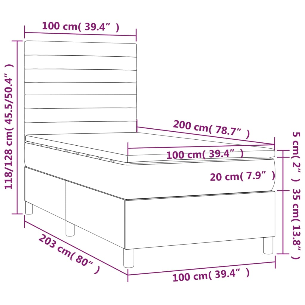 vidaXL Cama box spring c/ colchão e LED 100x200 cm tecido preto