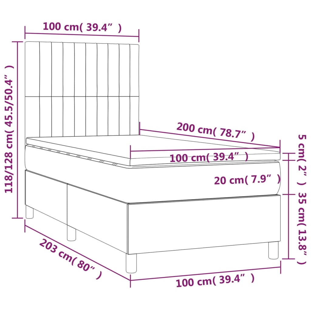 vidaXL Cama box spring c/ colchão e LED 100x200 cm tecido preto