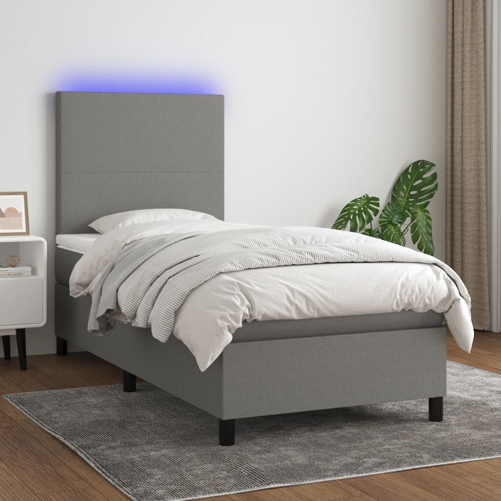 vidaXL Cama box spring c/ colchão e LED 90x190 cm tecido cinza-escuro