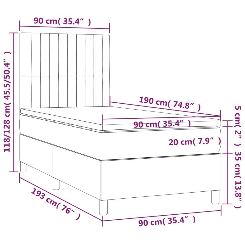 vidaXL Cama box spring c/ colchão e LED 90x190 cm tecido azul