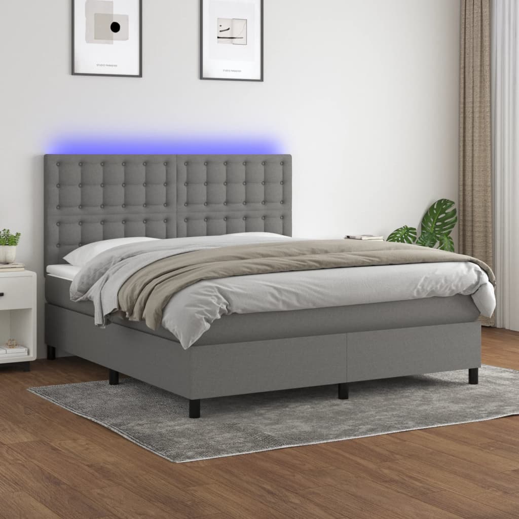 vidaXL Cama box spring c/ colchão e LED 180x200 cm tecido cinza-escuro