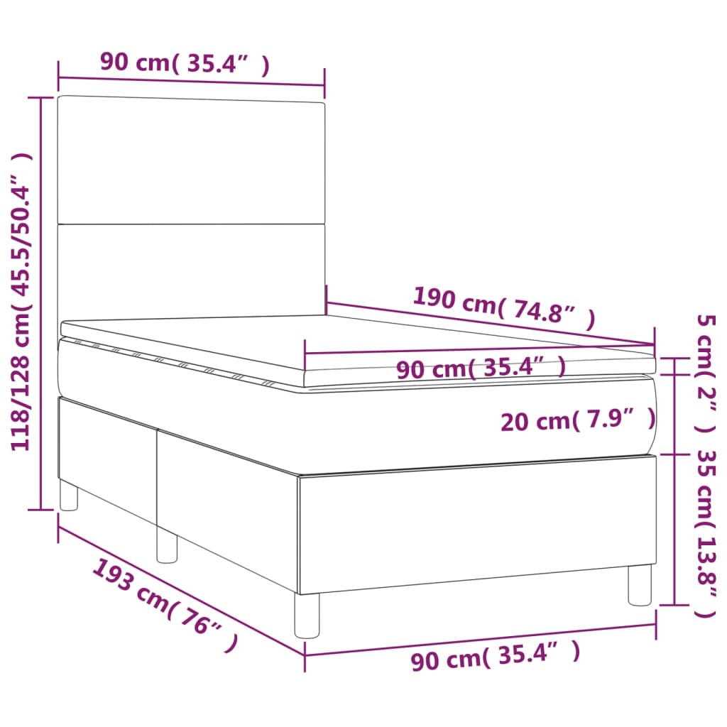 vidaXL Cama box spring c/ colchão e LED 90x190 cm tecido cinza-escuro