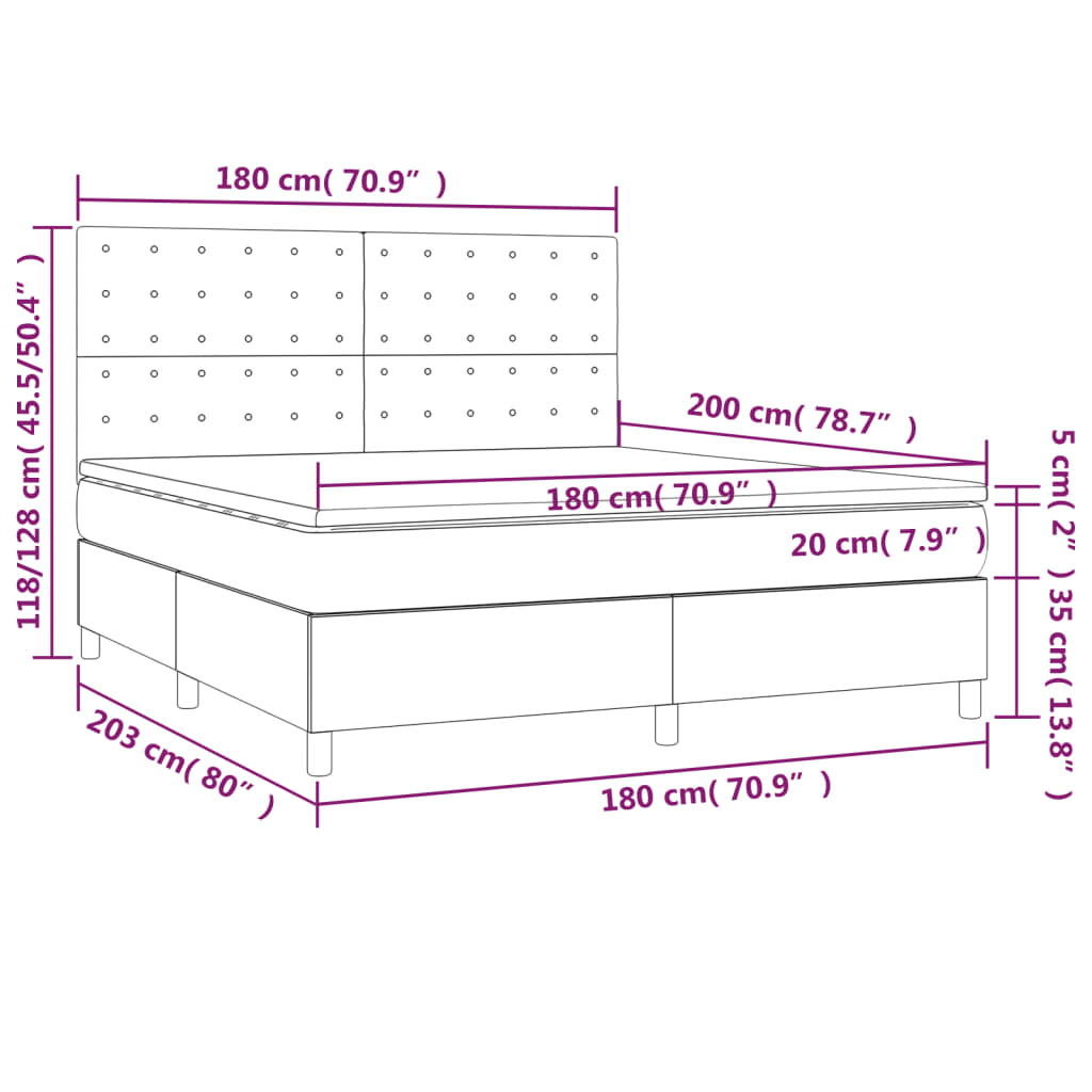 vidaXL Cama box spring c/ colchão e LED 180x200 cm tecido cinza-escuro