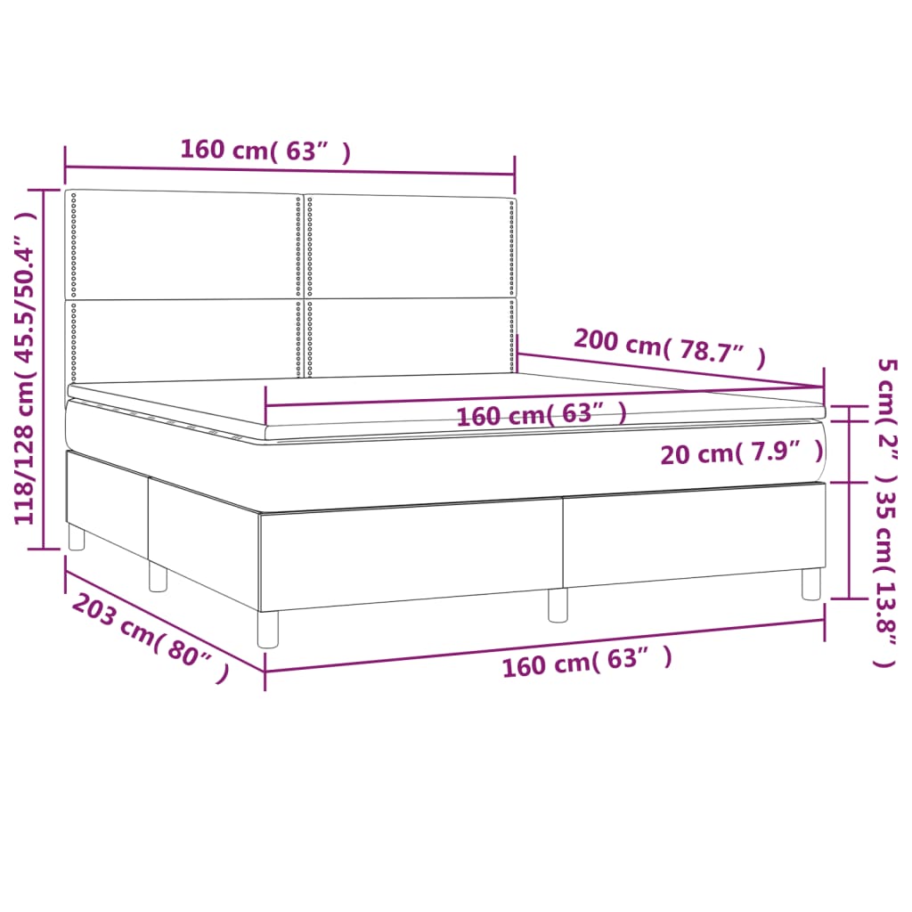 vidaXL Cama box spring c/ colchão e LED 160x200 cm tecido cinza-claro