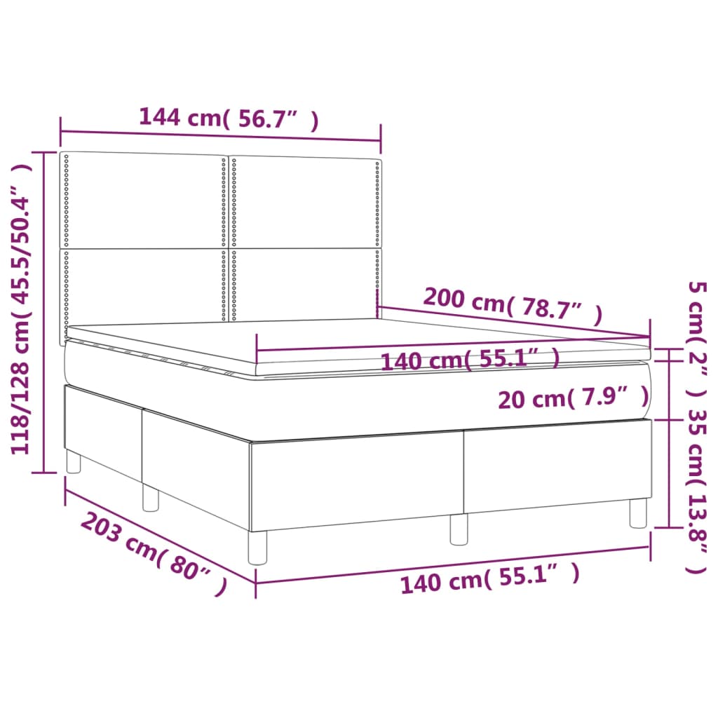 vidaXL Cama box spring c/ colchão e LED 140x200 cm tecido cinza-claro