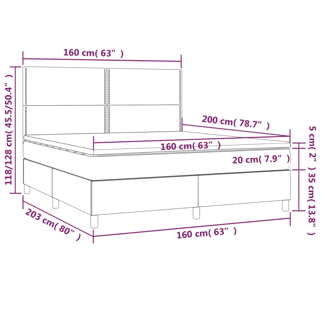 vidaXL Cama box spring c/ colchão e LED 160x200 cm tecido preto