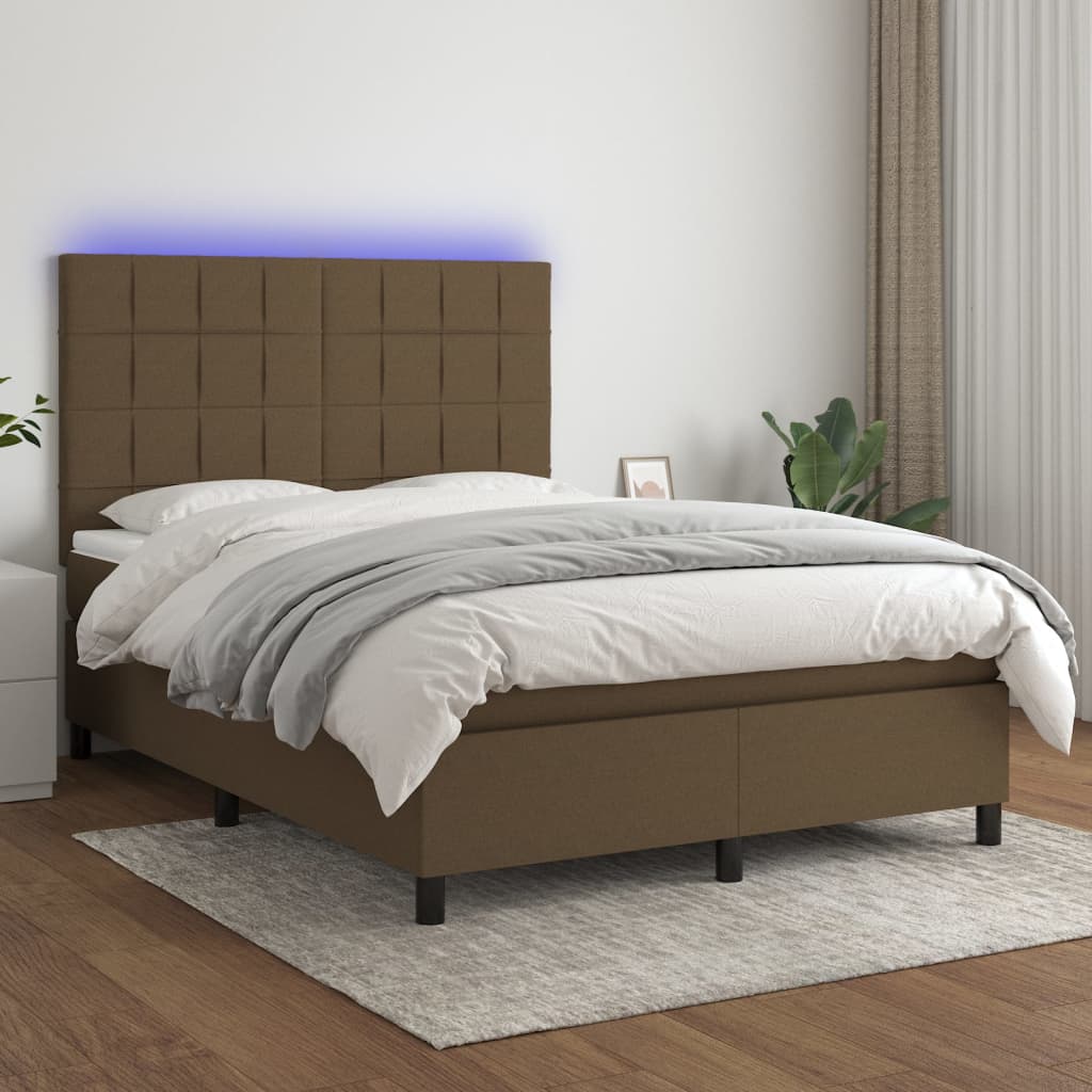 vidaXL Cama box spring c/ colchão/LED 140x190cm tecido castanho-escuro