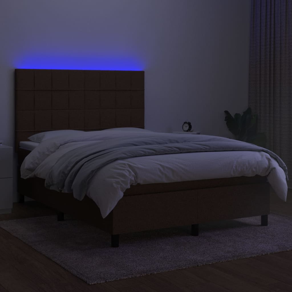 vidaXL Cama box spring c/ colchão/LED 140x190cm tecido castanho-escuro