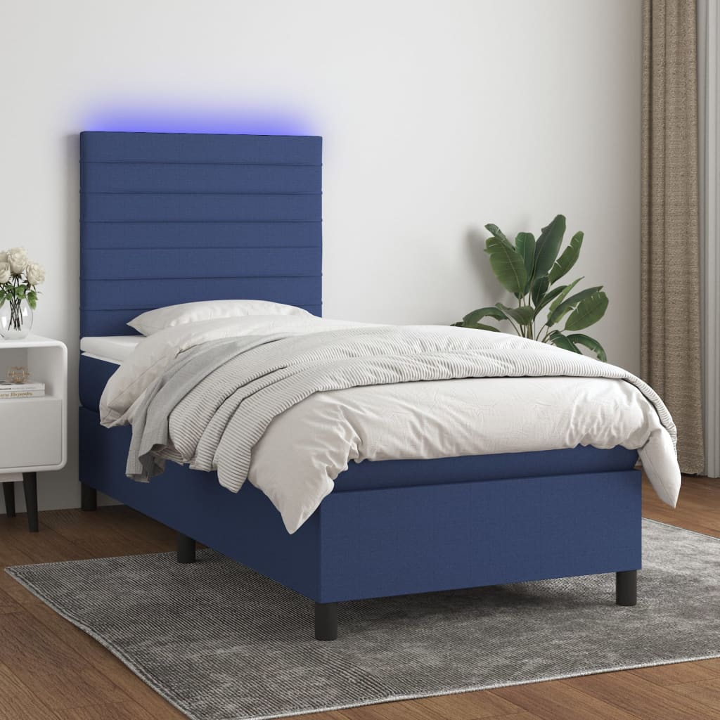 vidaXL Cama box spring c/ colchão e LED 90x190 cm tecido azul