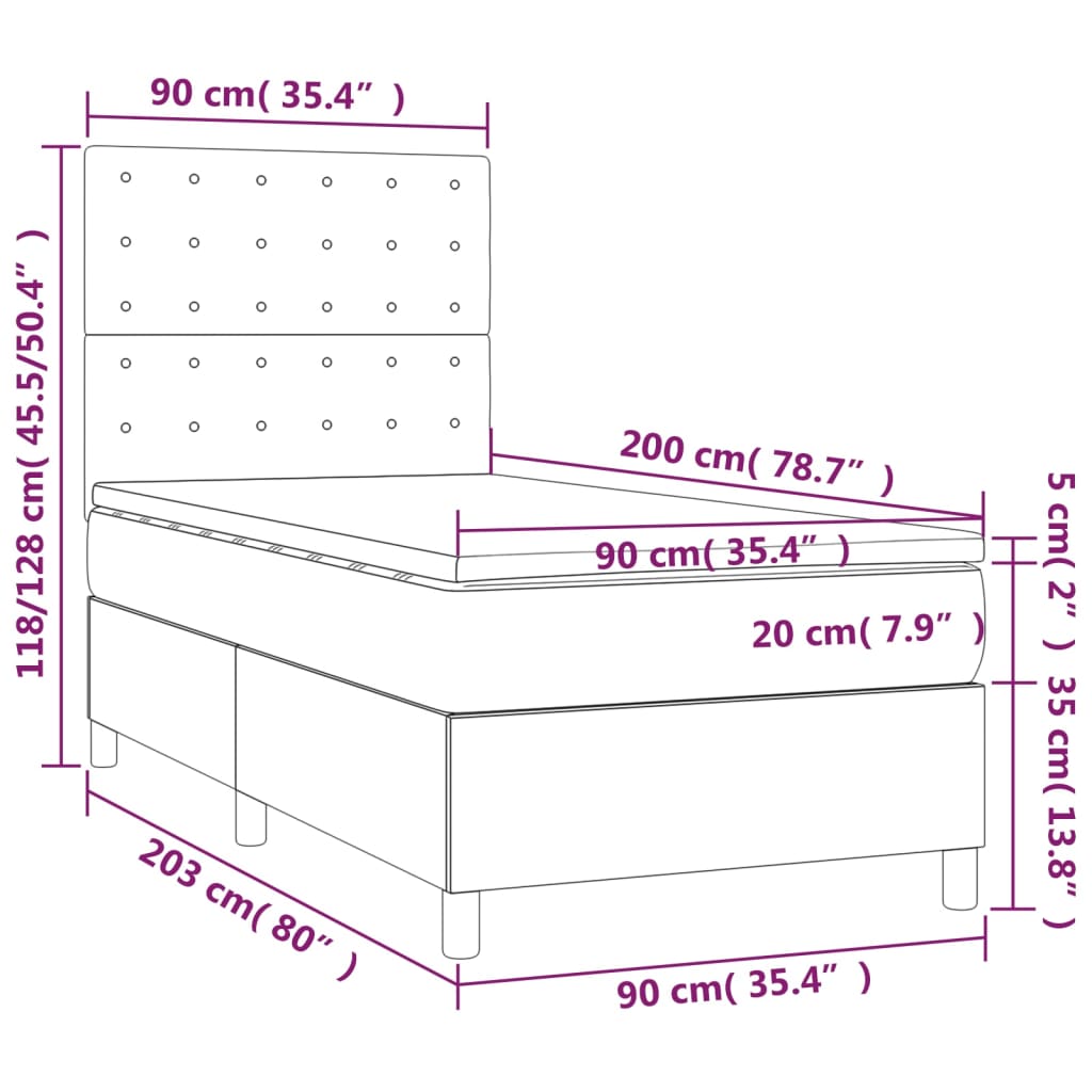 vidaXL Cama box spring c/ colchão e LED 90x200 cm tecido azul