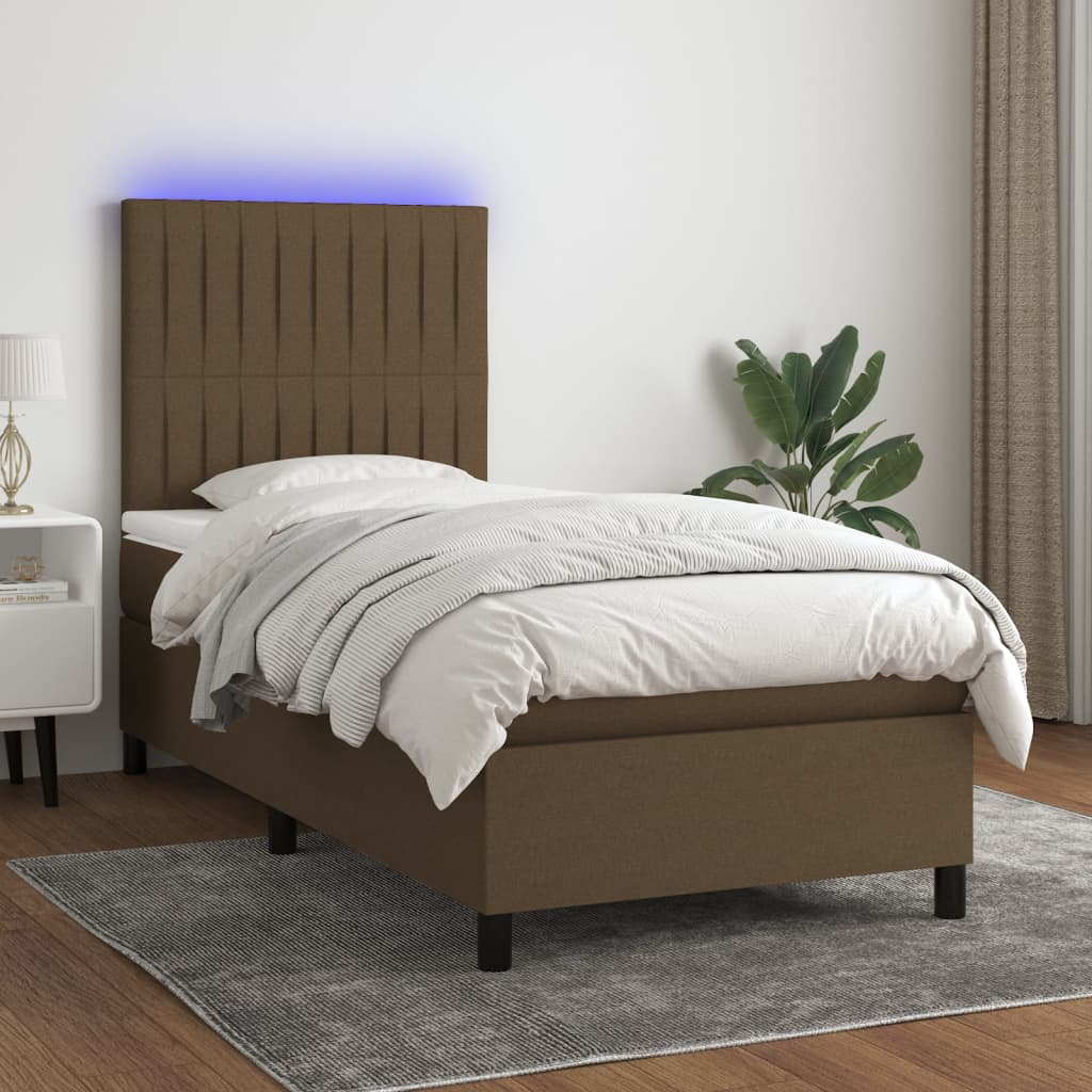 vidaXL Cama box spring c/ colchão/LED 90x200 cm tecido castanho-escuro