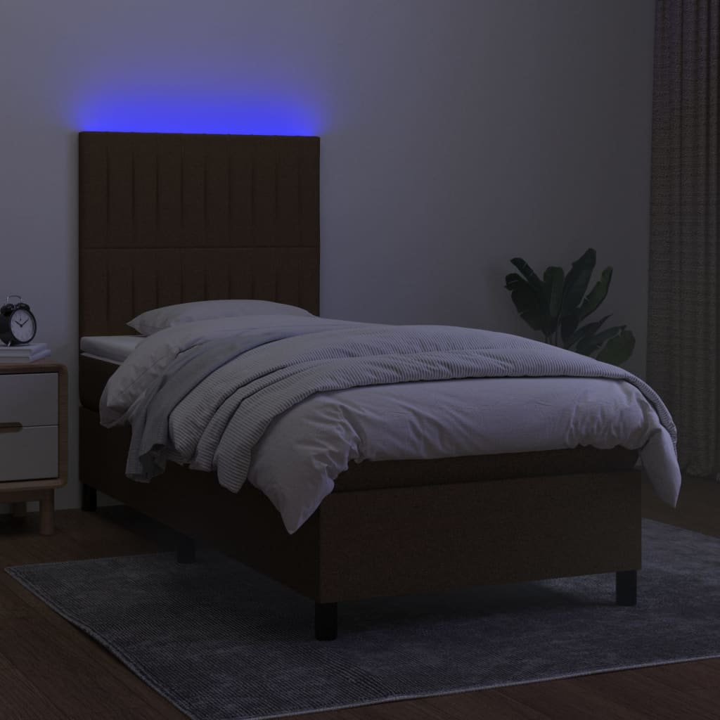 vidaXL Cama box spring c/ colchão/LED 90x200 cm tecido castanho-escuro