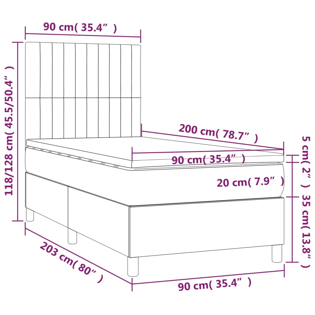 vidaXL Cama box spring c/ colchão/LED 90x200 cm tecido castanho-escuro