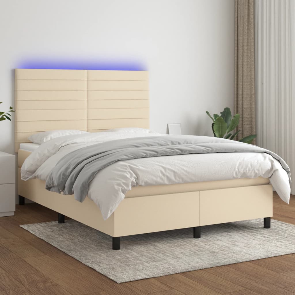 vidaXL Cama box spring c/ colchão e LED 140x190 cm tecido cor creme