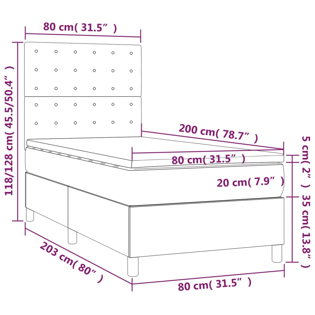 vidaXL Cama box spring c/ colchão e LED 80x200 cm tecido cinza-escuro