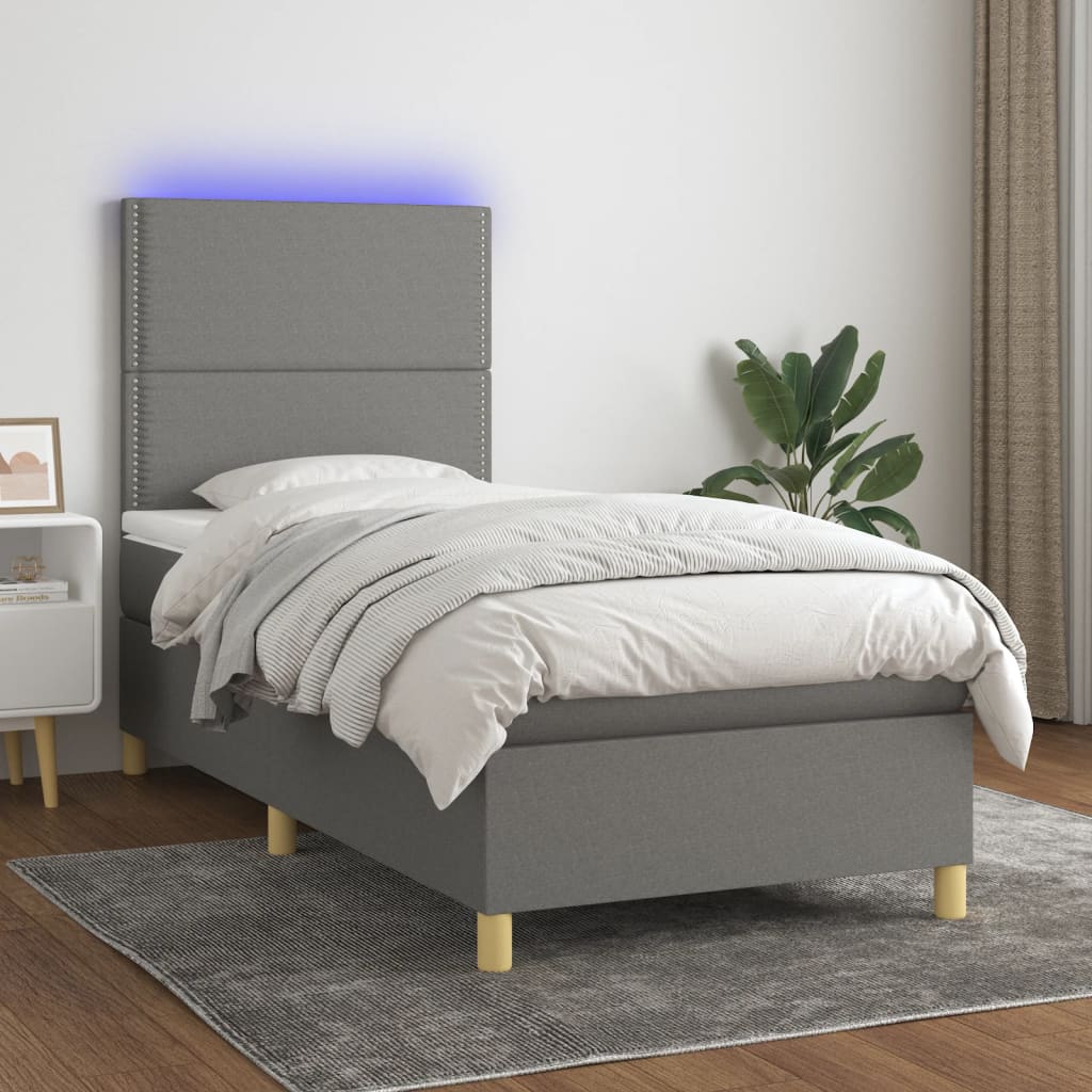 vidaXL Cama box spring c/ colchão e LED 90x190 cm tecido cinza-escuro