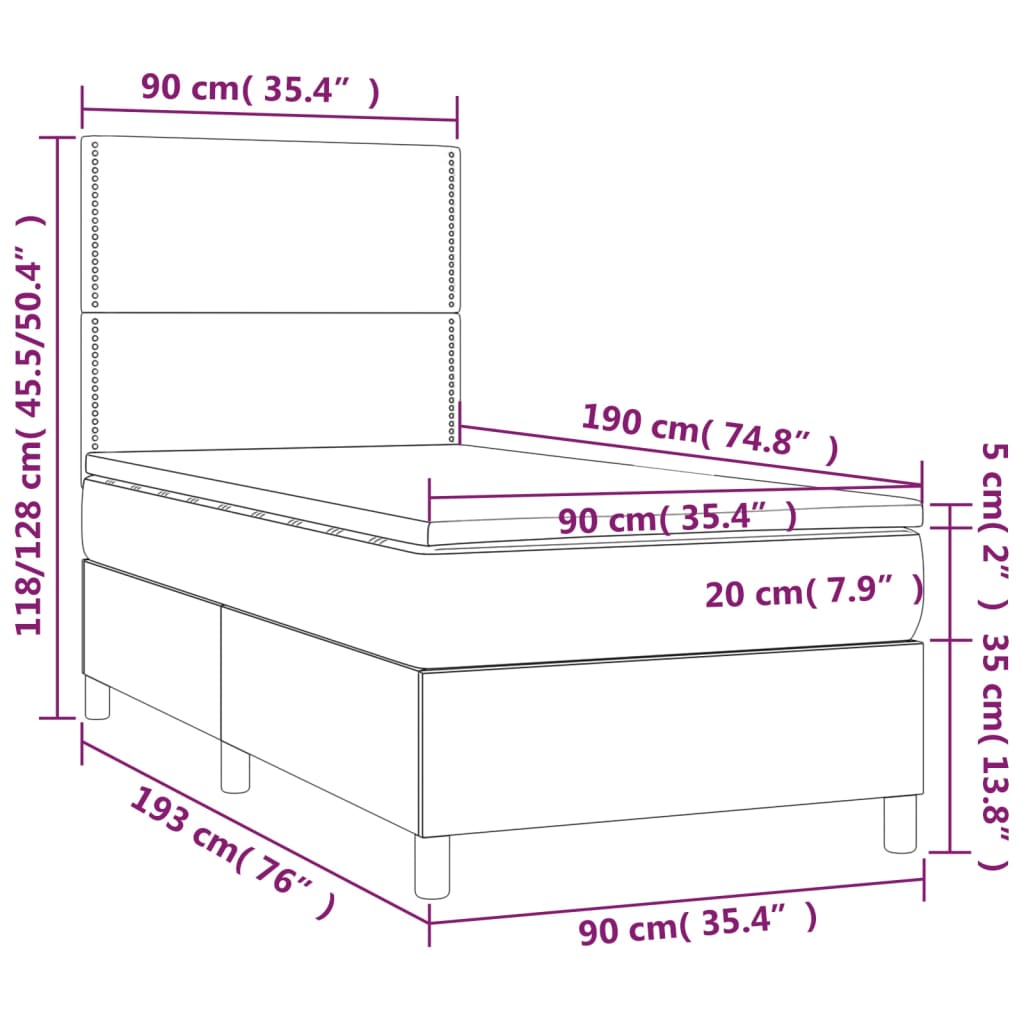 vidaXL Cama box spring c/ colchão e LED 90x190 cm tecido cinza-escuro