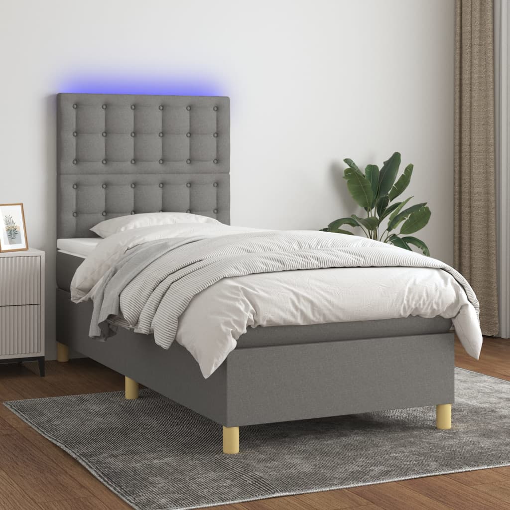 vidaXL Cama box spring c/ colchão e LED 90x200 cm tecido cinza-escuro