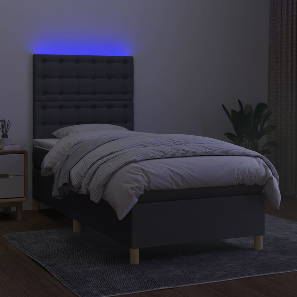 vidaXL Cama box spring c/ colchão e LED 90x200 cm tecido cinza-escuro