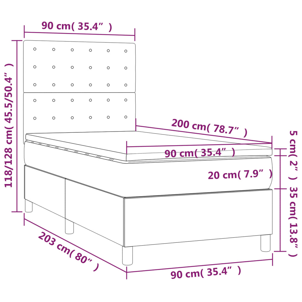 vidaXL Cama box spring c/ colchão e LED 90x200 cm tecido cinza-escuro