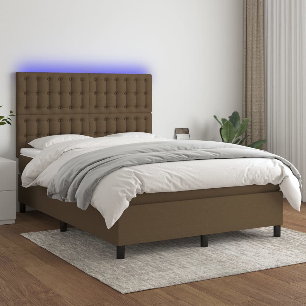 vidaXL Cama box spring c/ colchão/LED 140x200cm tecido castanho-escuro