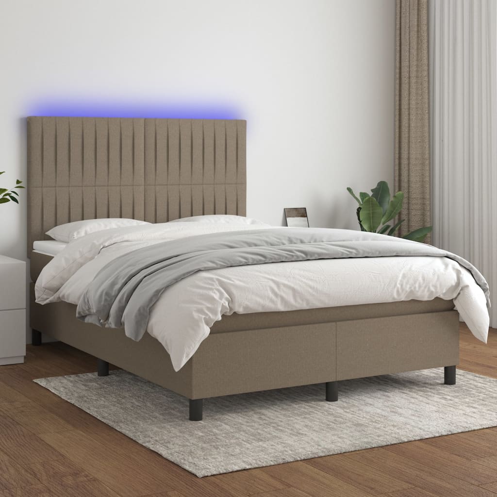 vidaXL Cama box spring colchão/LED 140x200 cm tecido cinza-acastanhado