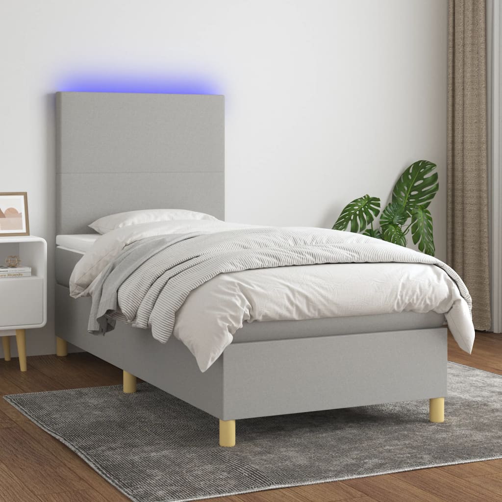 vidaXL Cama box spring c/ colchão e LED 90x190 cm tecido cinza-claro