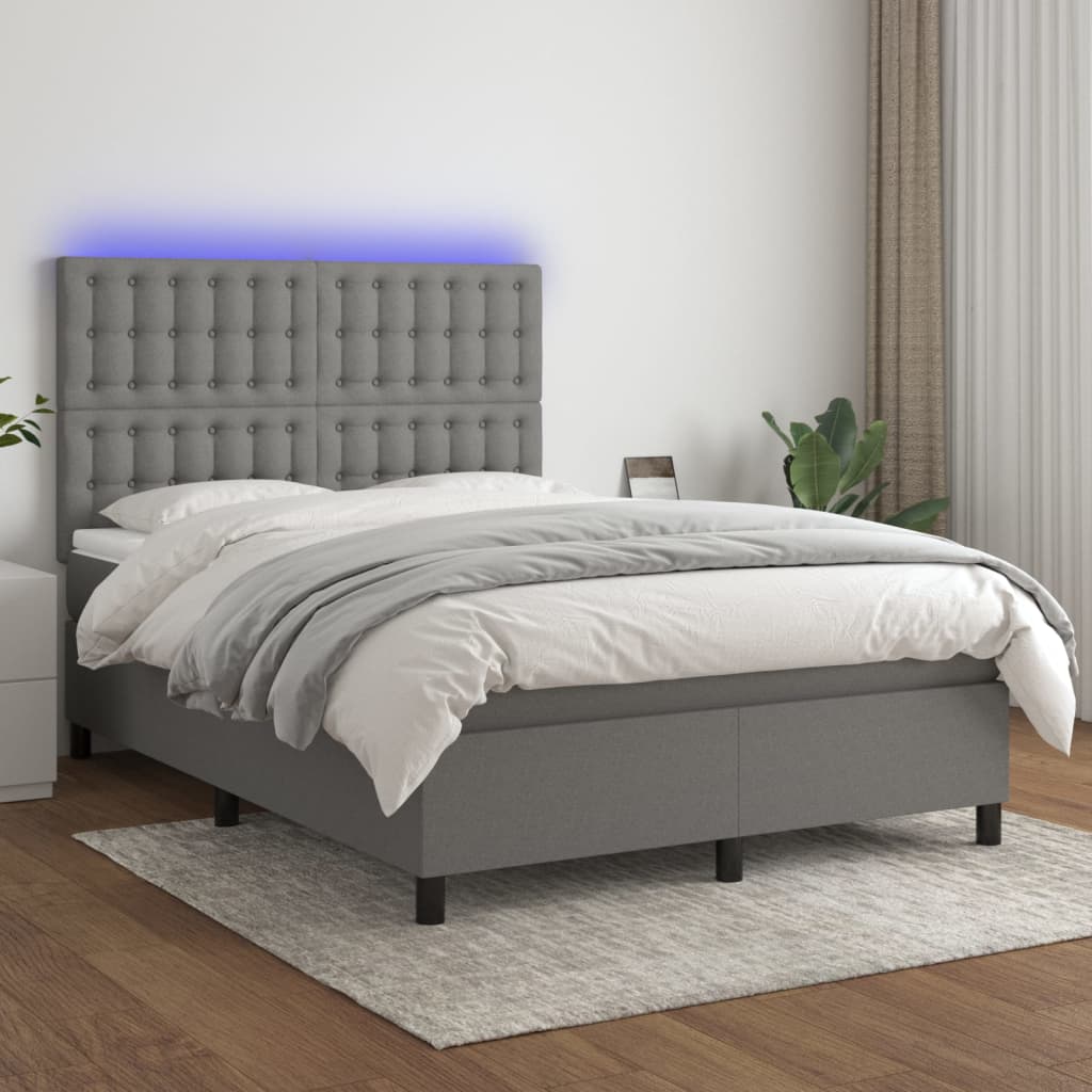 vidaXL Cama box spring c/ colchão e LED 140x190 cm tecido cinza-escuro