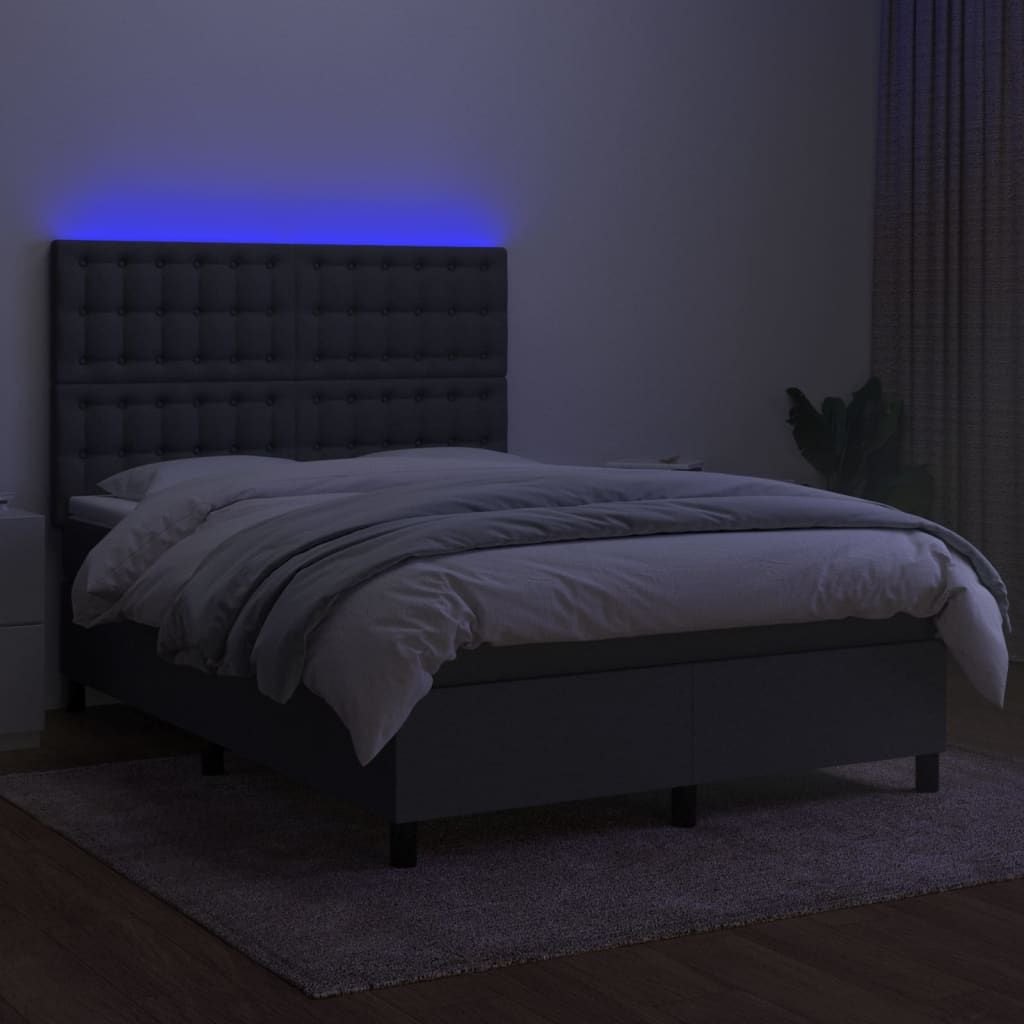 vidaXL Cama box spring c/ colchão e LED 140x190 cm tecido cinza-escuro