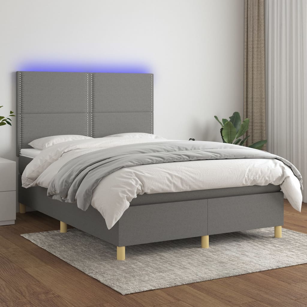 vidaXL Cama box spring c/ colchão e LED 140x200 cm tecido cinza-escuro