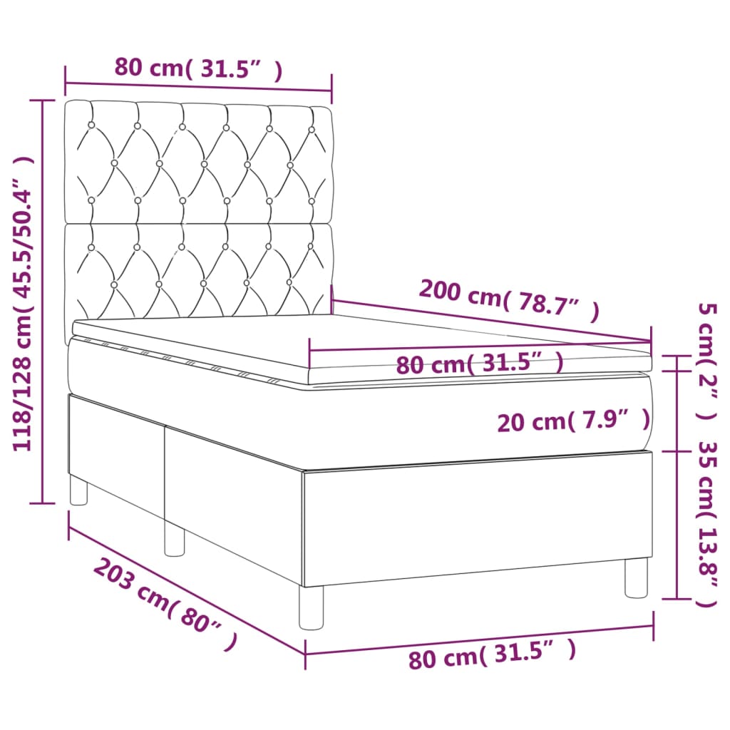 vidaXL Cama box spring c/ colchão e LED 80x200 cm tecido cor creme