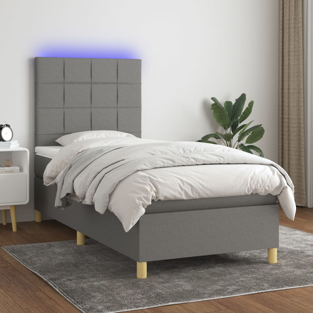 vidaXL Cama box spring c/ colchão e LED 90x190 cm tecido cinza-escuro