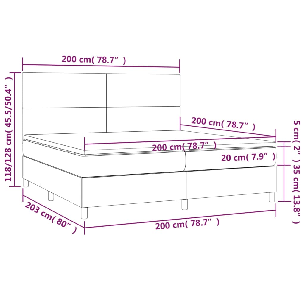 vidaXL Cama box spring colchão/LED 200x200cm tecido cinza-acastanhado