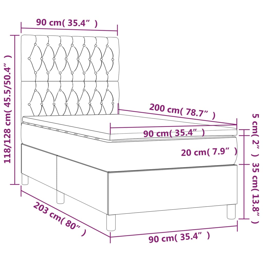 vidaXL Cama box spring + colchão/LED 90x200cm tecido cinza-acastanhado