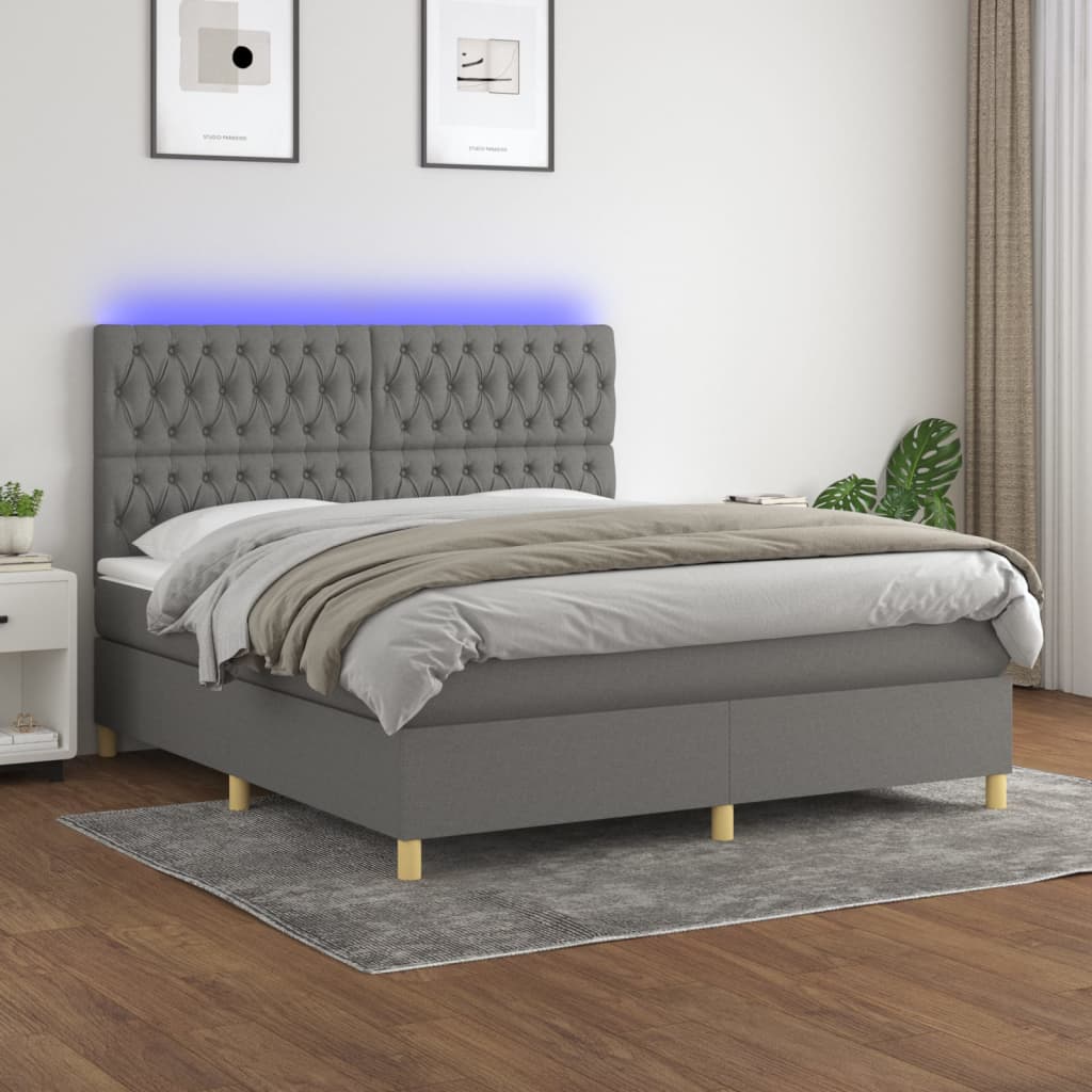 vidaXL Cama box spring c/ colchão e LED 180x200 cm tecido cinza-escuro