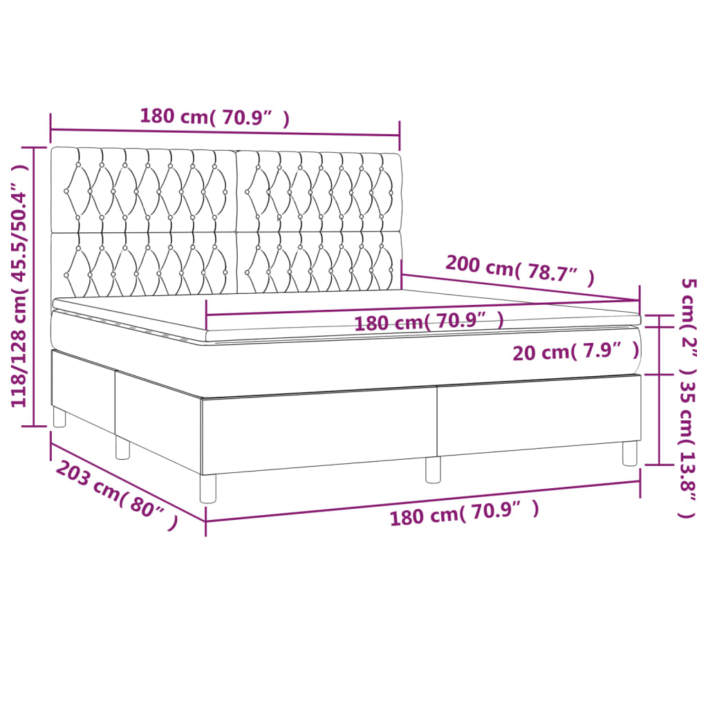 vidaXL Cama box spring c/ colchão e LED 180x200 cm tecido cinza-escuro