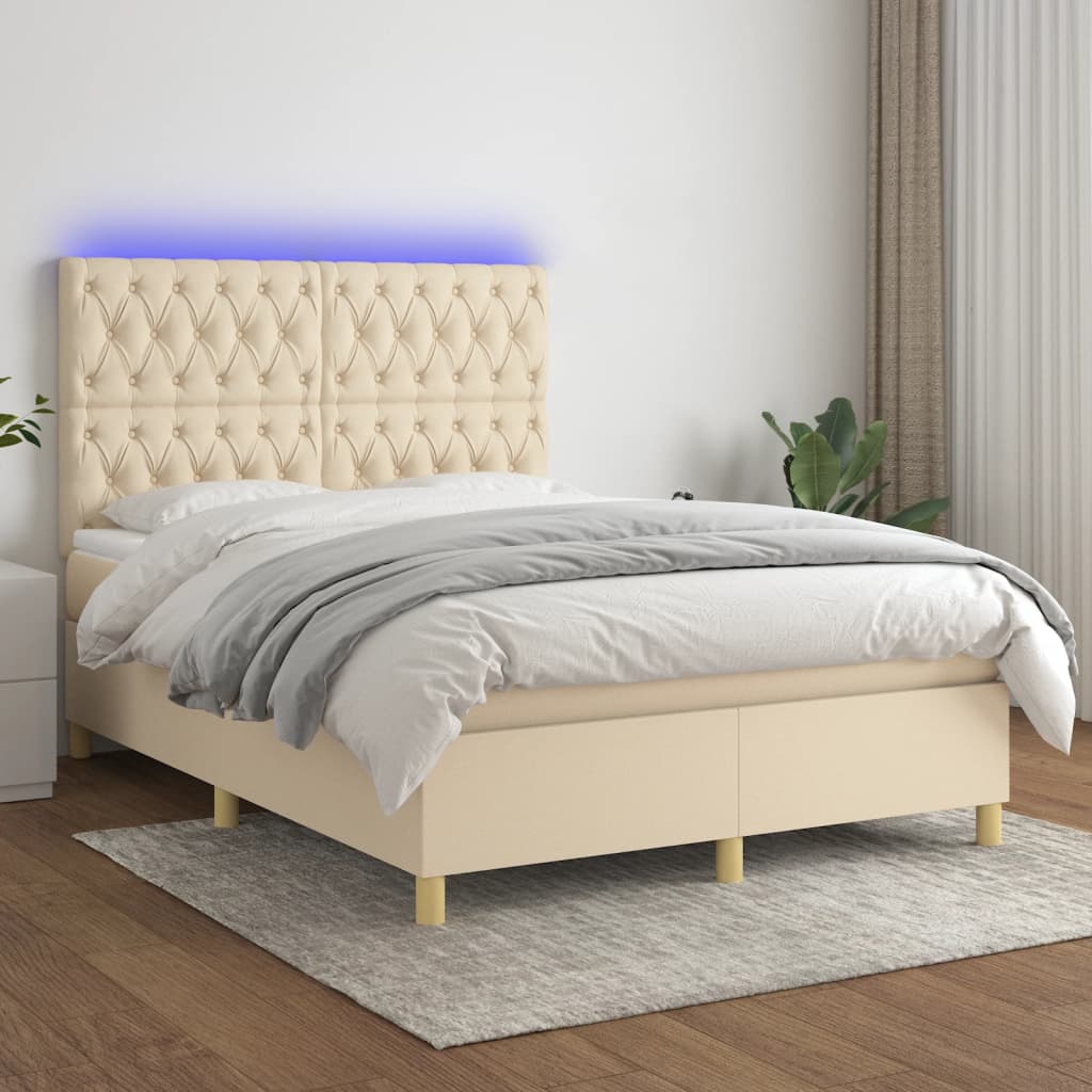 vidaXL Cama box spring c/ colchão e LED 140x200 cm tecido cor creme