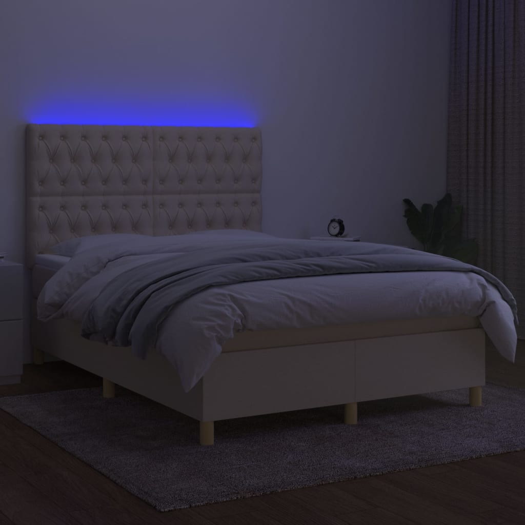 vidaXL Cama box spring c/ colchão e LED 140x200 cm tecido cor creme