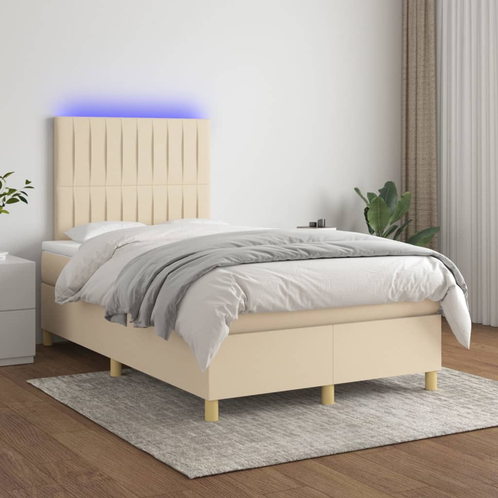 vidaXL Cama box spring c/ colchão e LED 120x200 cm tecido cor creme