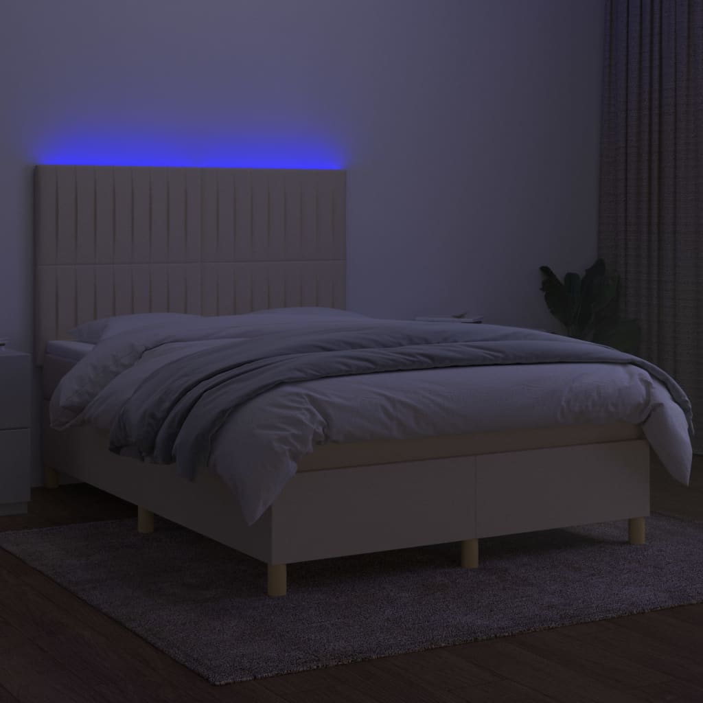 vidaXL Cama box spring c/ colchão e LED 140x200 cm tecido cor creme