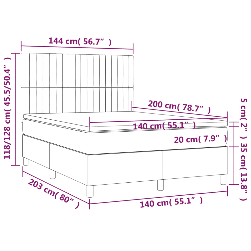 vidaXL Cama box spring c/ colchão e LED 140x200 cm tecido cor creme