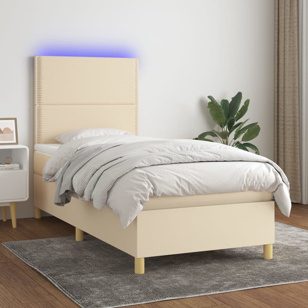 vidaXL Cama box spring c/ colchão e LED 90x200 cm tecido cor creme