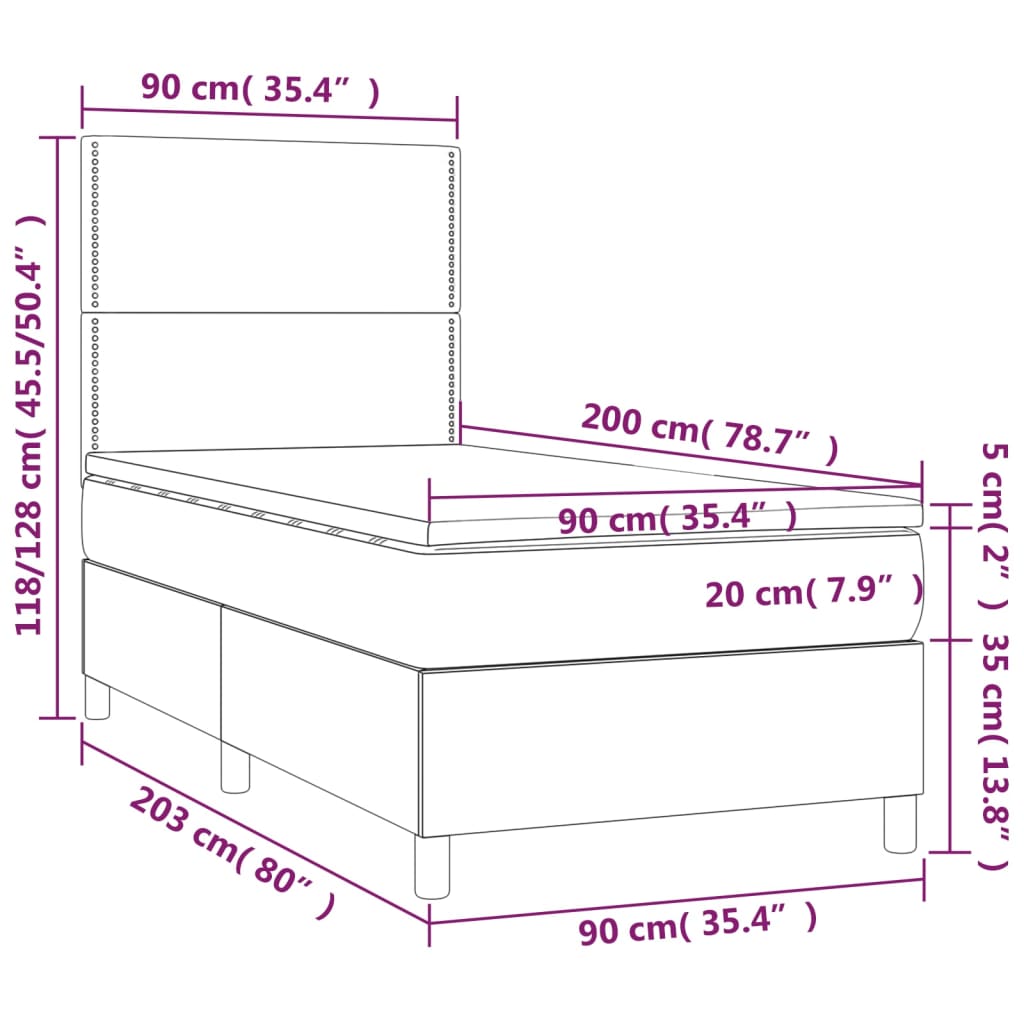 vidaXL Cama box spring c/ colchão e LED 90x200 cm tecido cor creme